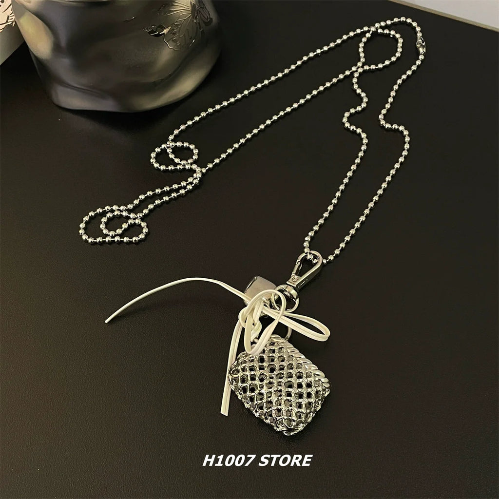 Woven Bag Pendant Long Chain Necklace
