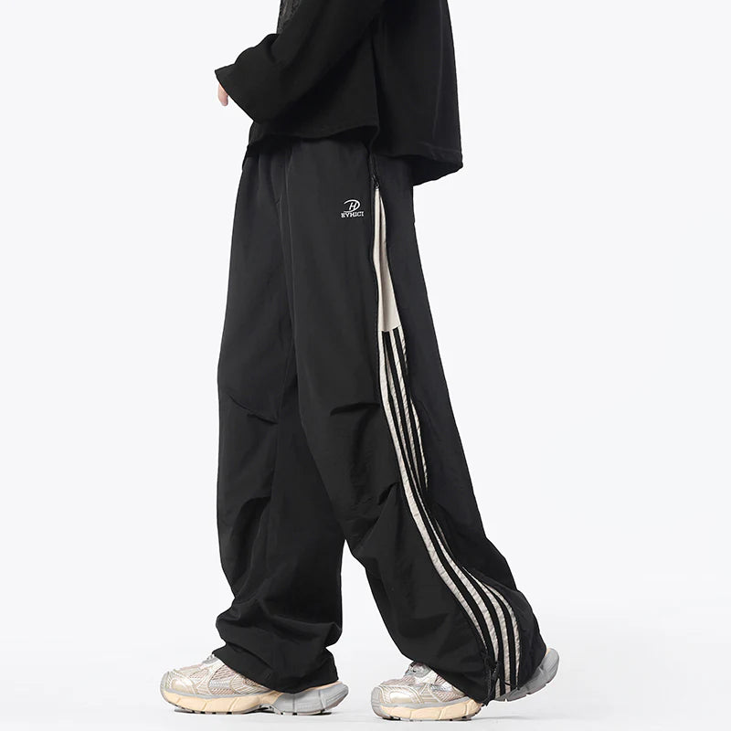 Zipper Striped Wide-Leg Casual Pants