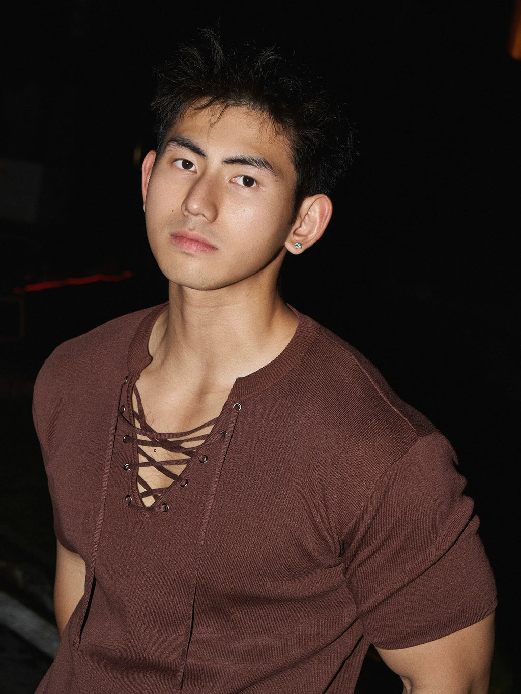 V-Neck Lace-Up Short Sleeve Knit Sweater