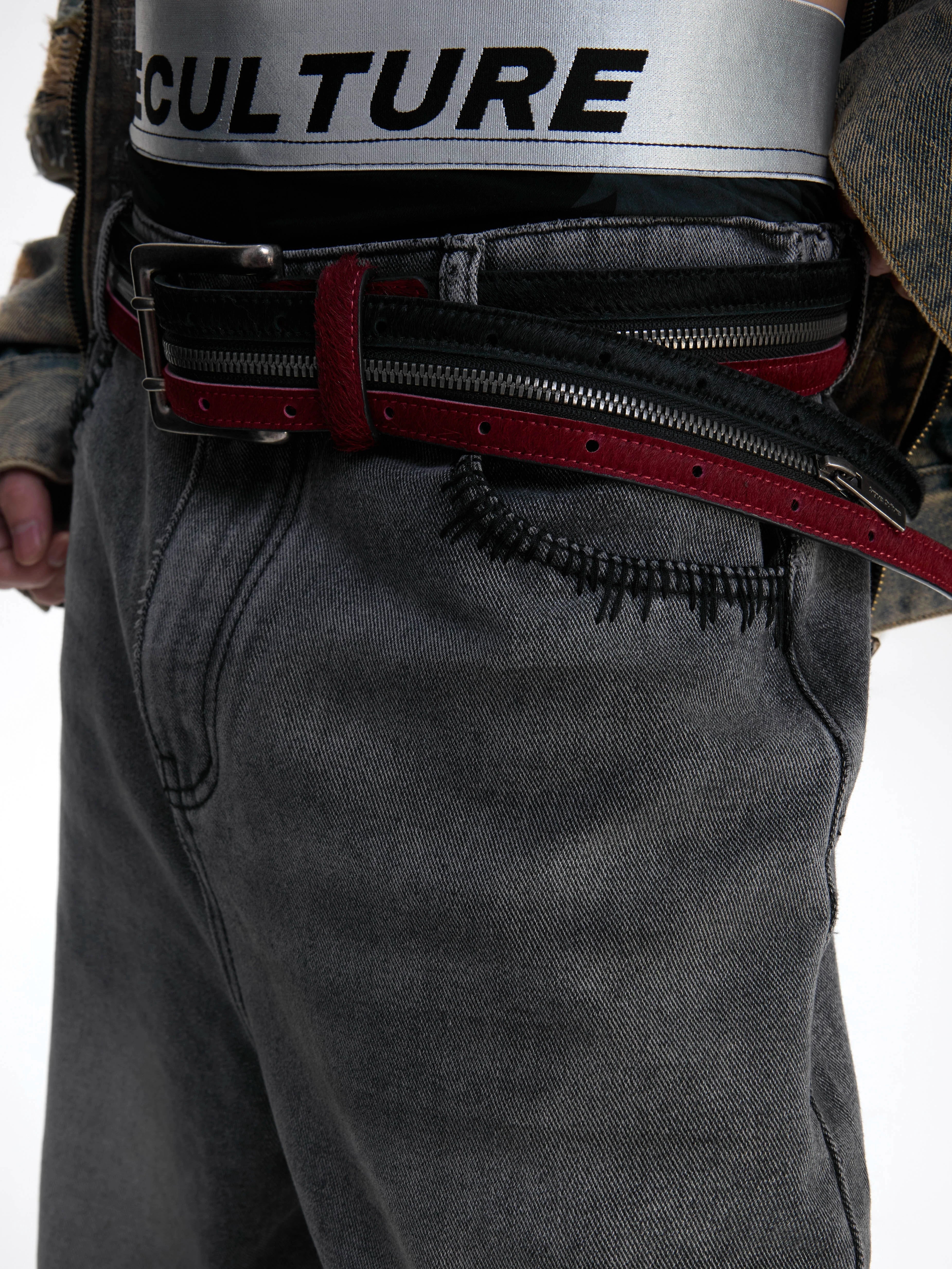 Double Zipper Fur Leather Pants Belt