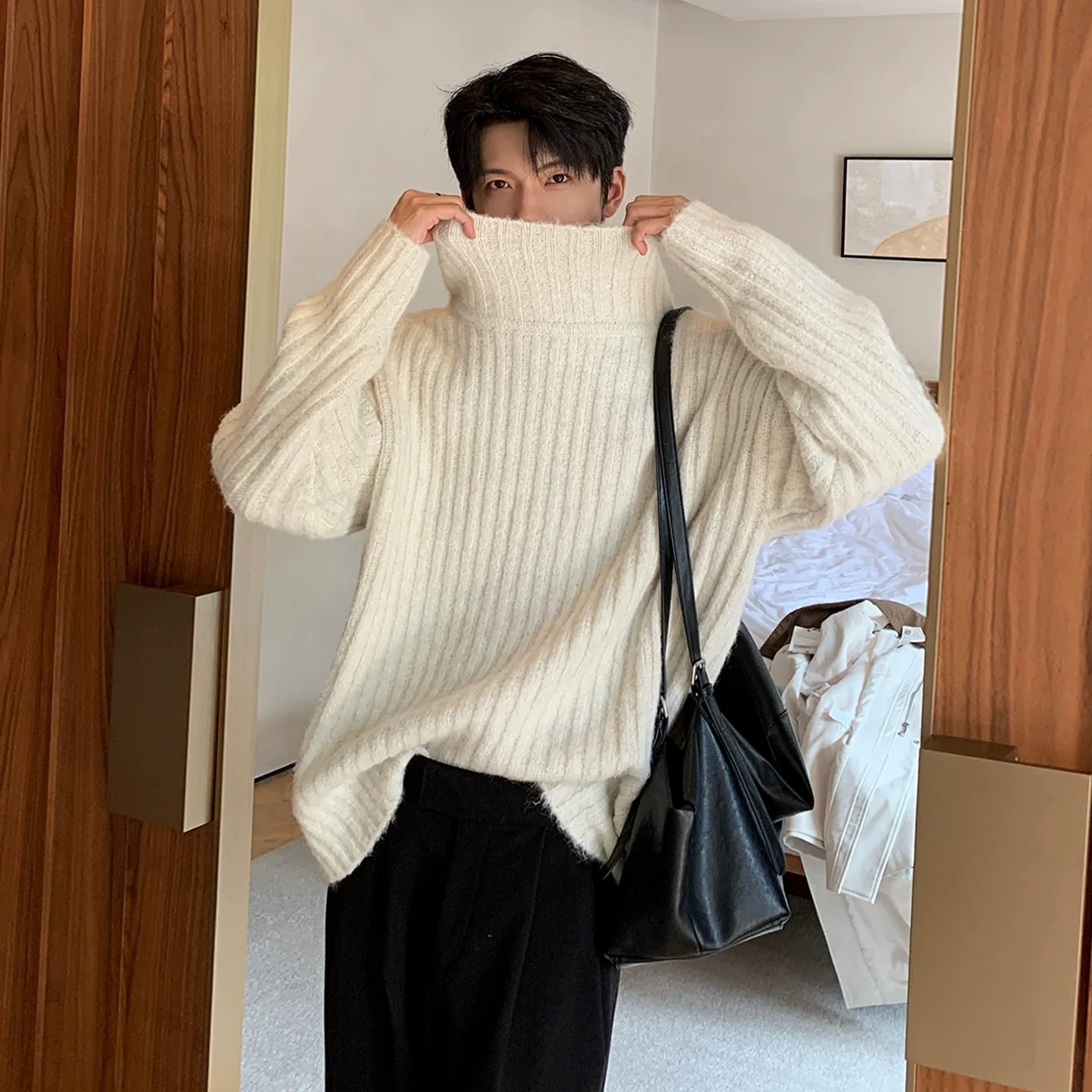 Ribbed Turtleneck Wool Knit Sweater