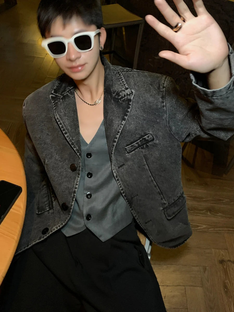 Washed Distressed Denim Suit Jacket