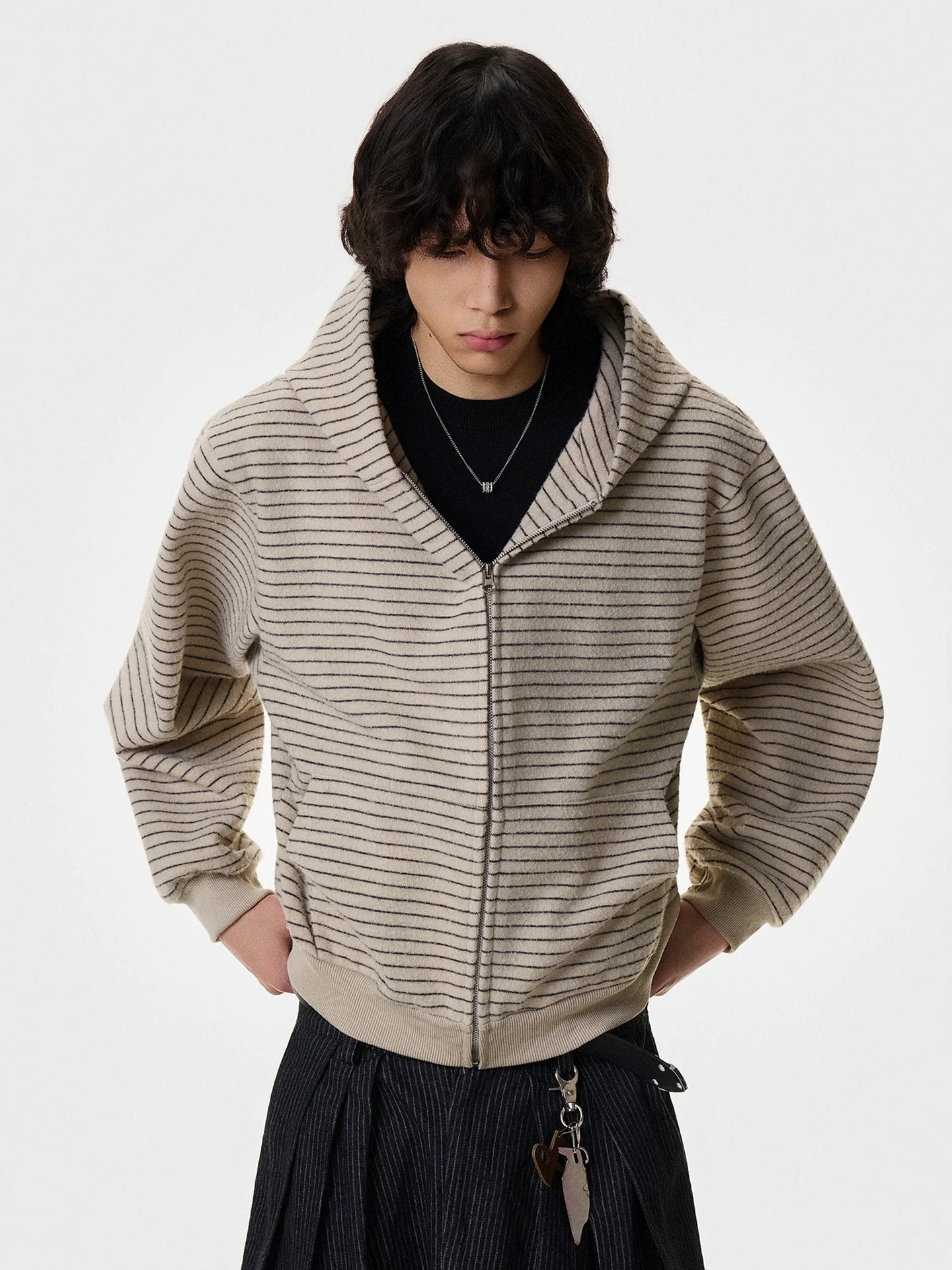 Wool Striped Hooded Zip Up Jacket