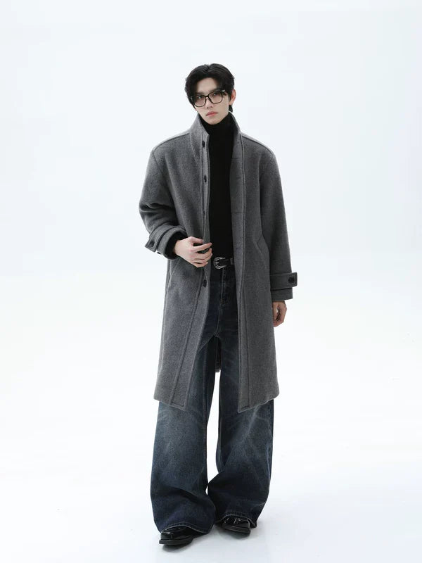 Wool Stand Collar Single-Breasted Overcoat
