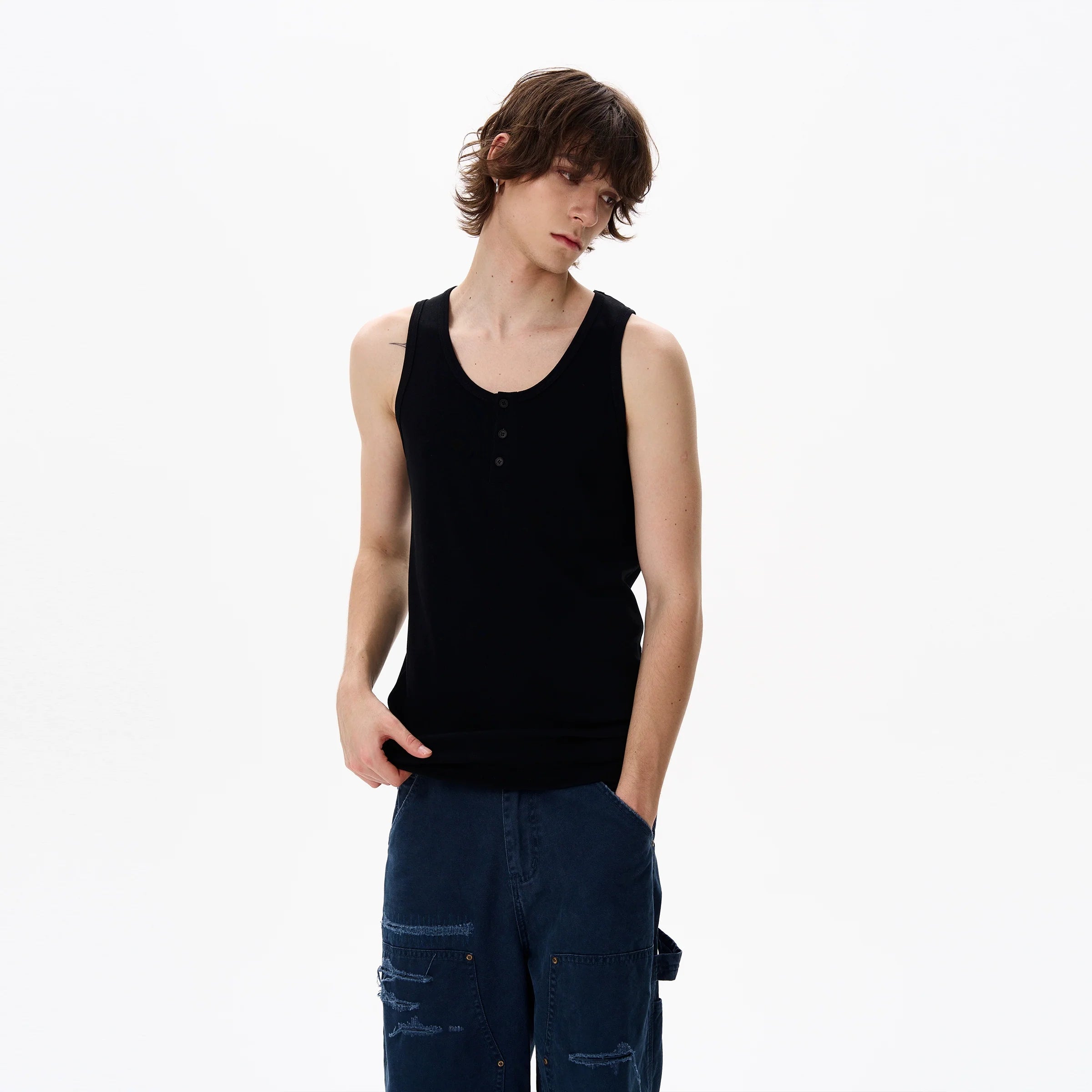 Textured Henley Collar Tank Top