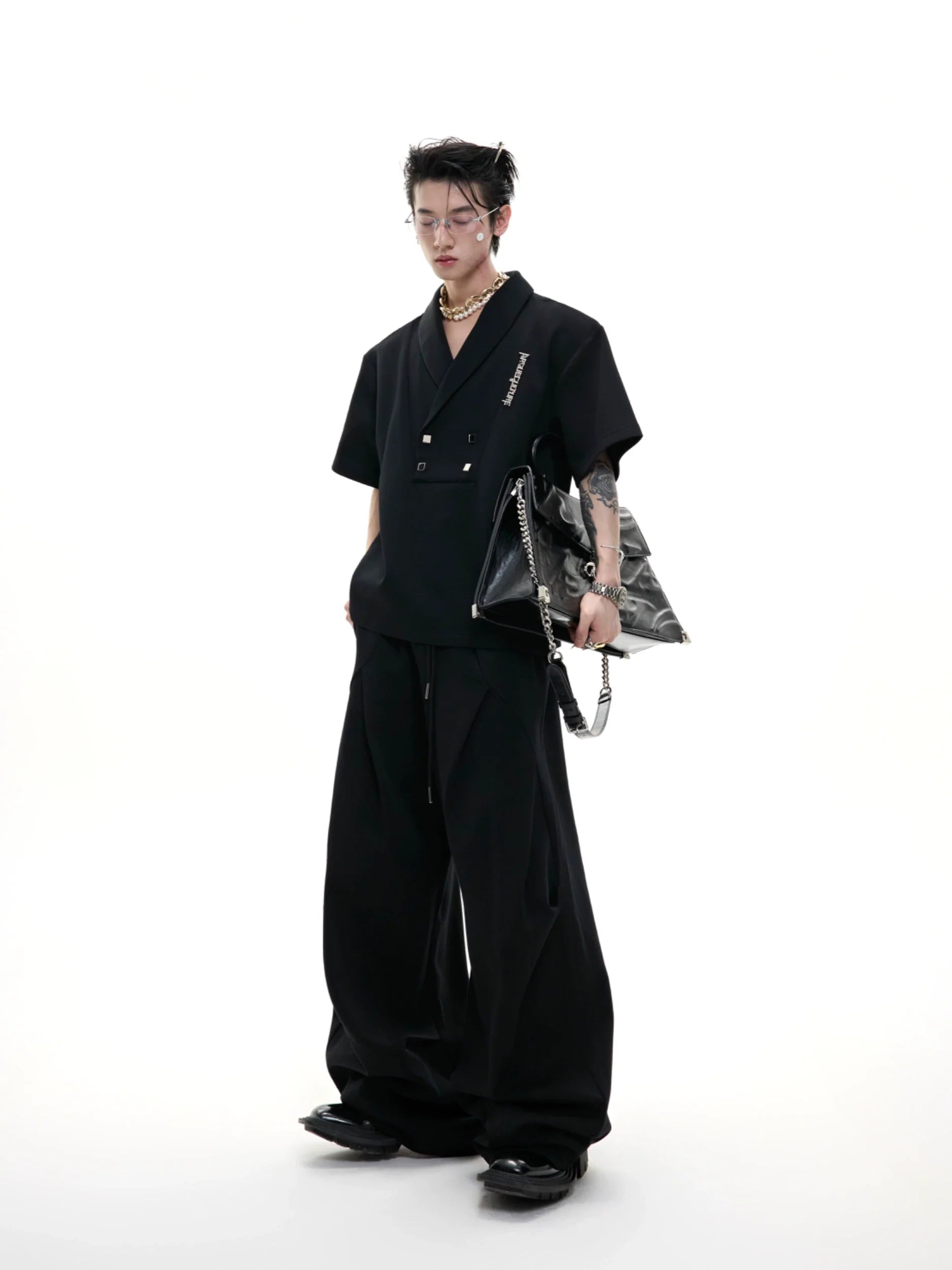 V-neck Short Sleeve Top and Pleated Pants