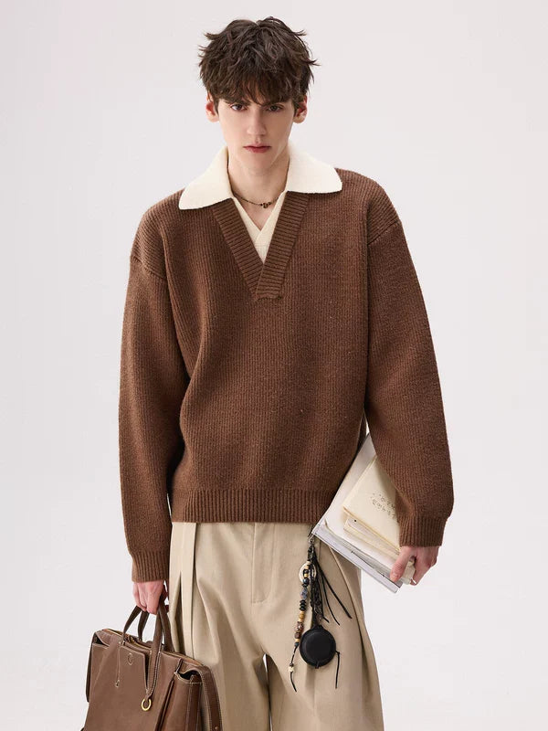 V-Neck Faux Two-Piece Knit Sweater