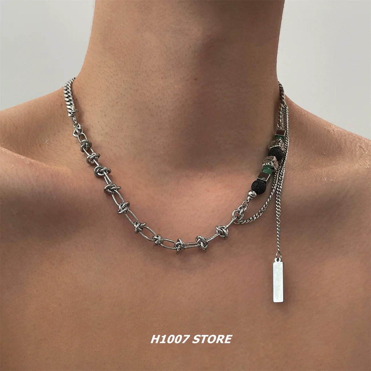 Volcanic Stone Cube Beaded Chain Necklace