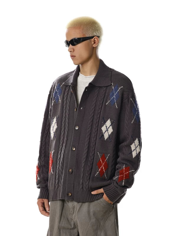 Retro Argyle Knit Button Sweater