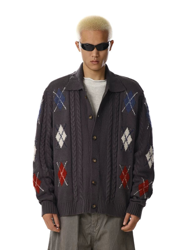 Retro Argyle Knit Button Sweater