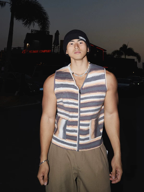 Retro Gradient Knitted V-Neck Zipper Vest