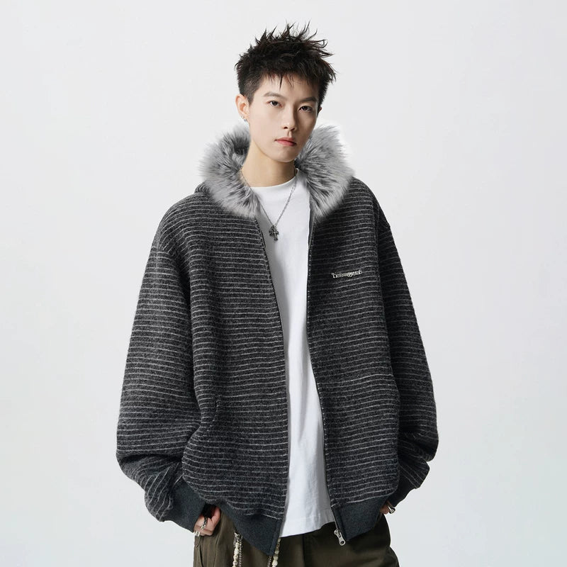 Striped Zip Up Fleece Hoodie