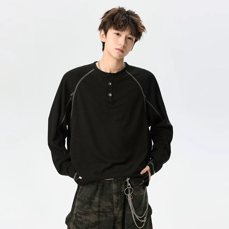 Textured Henley Long-Sleeve Sweatshirt