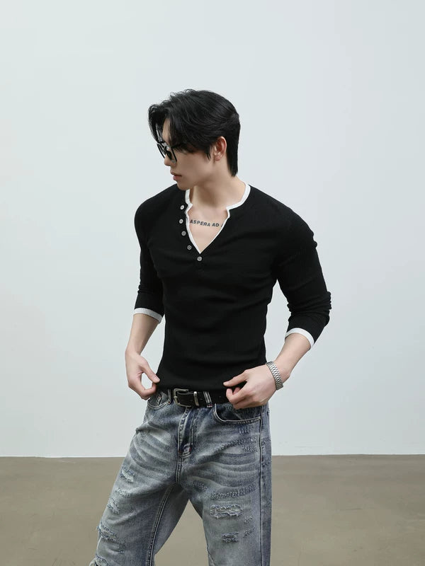 Slim Fit Ribbed Knit Henley Sweater