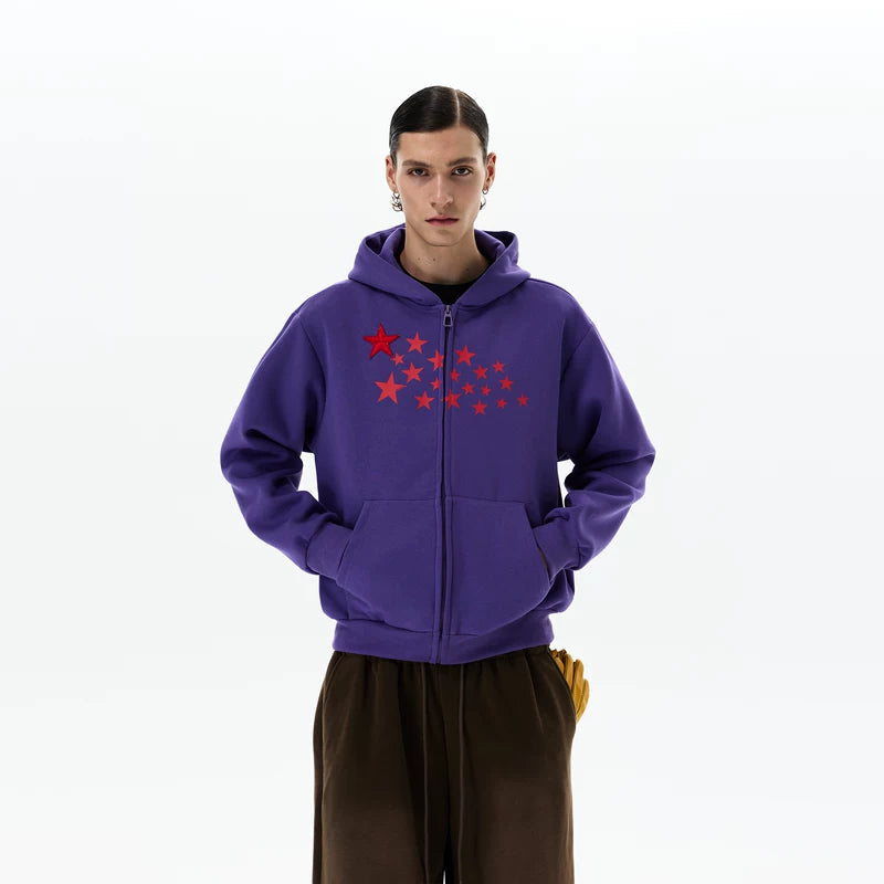 Star Print Zip Up Hooded Sweatshirt