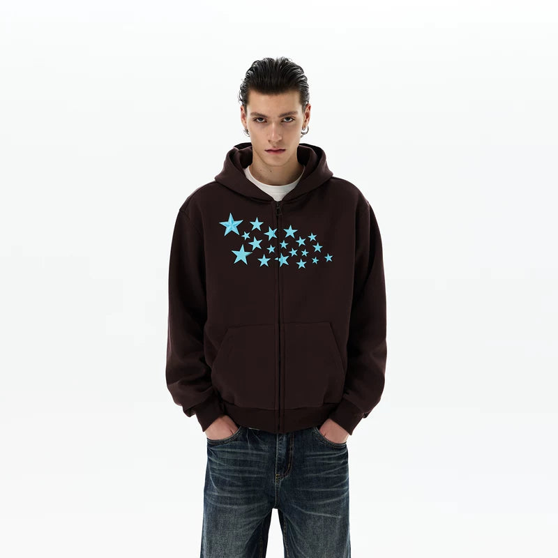 Star Print Zip Up Hooded Sweatshirt
