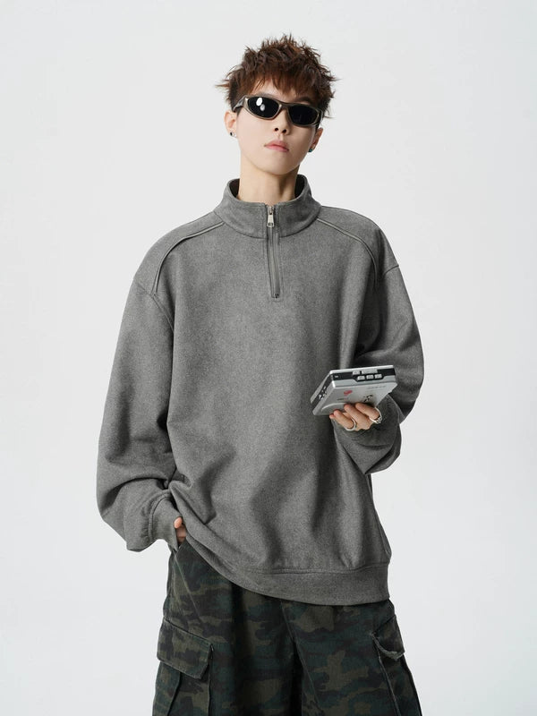 Suede Half-Zip Stand Collar Sweatshirt
