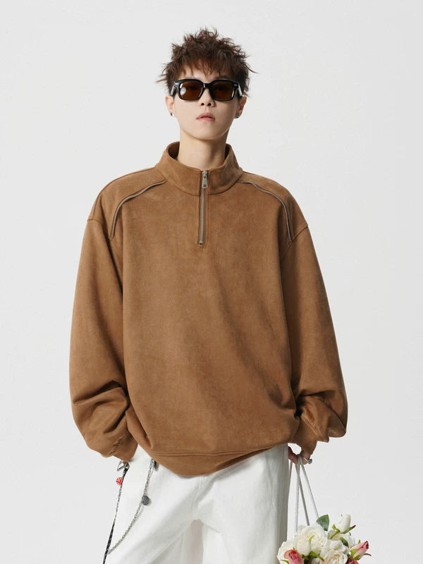 Suede Half-Zip Stand Collar Sweatshirt