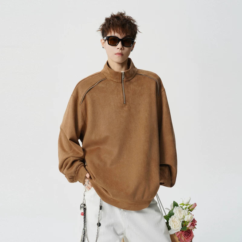 Suede Half-Zip Stand Collar Sweatshirt