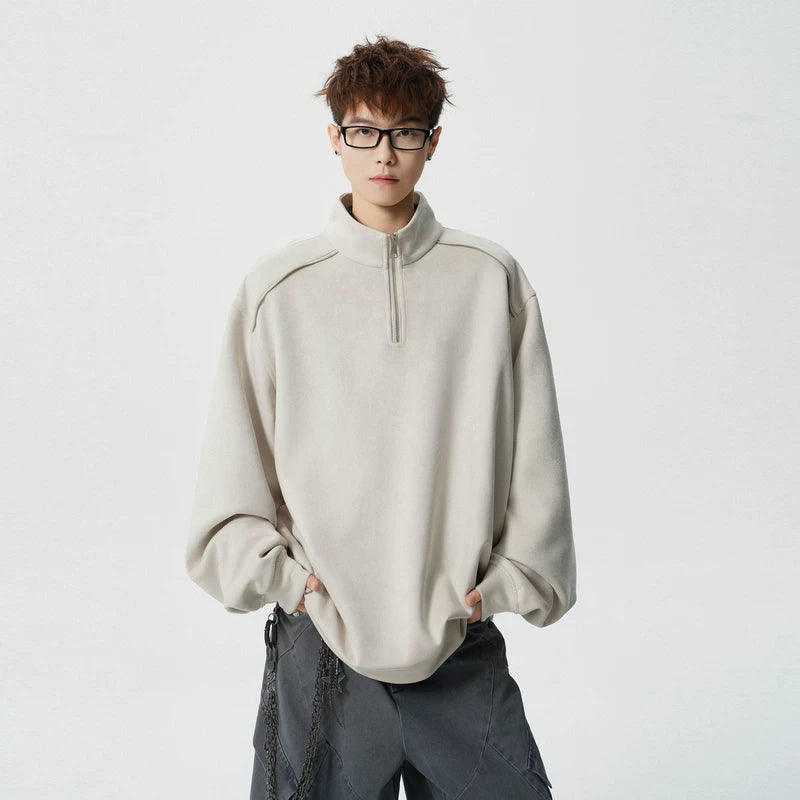 Suede Half-Zip Stand Collar Sweatshirt