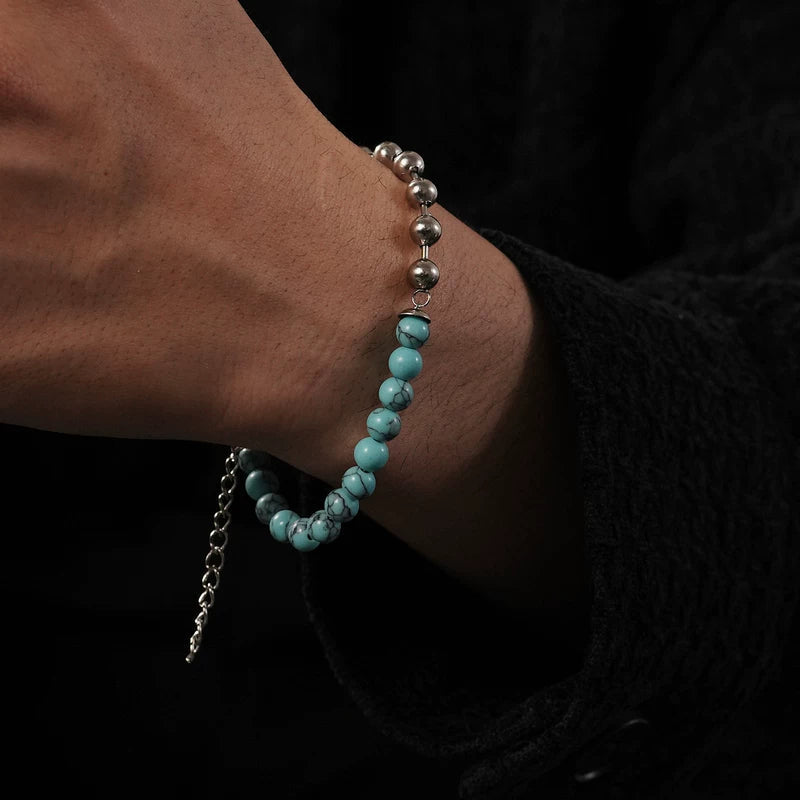 Titanium Steel Turquoise Beaded Chain Bracelet